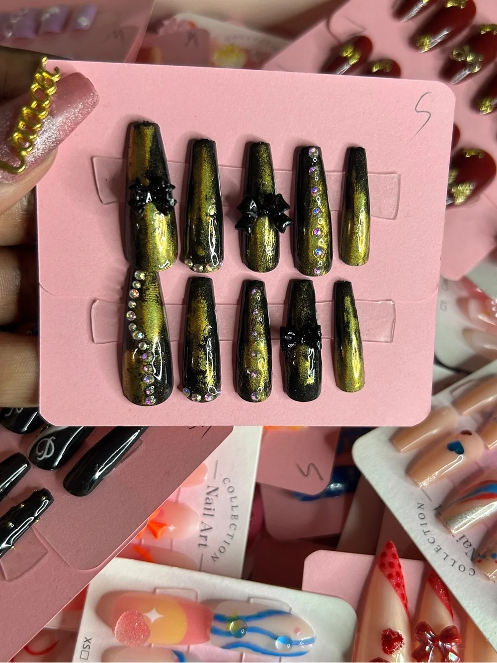 Gold & Black Rhinestone Sculpted Press-On Nails - Women Makeup Blush